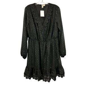 H&M Divided A-Line Surplice Long Sleeve Dress Black Dotted Lace Trim L New